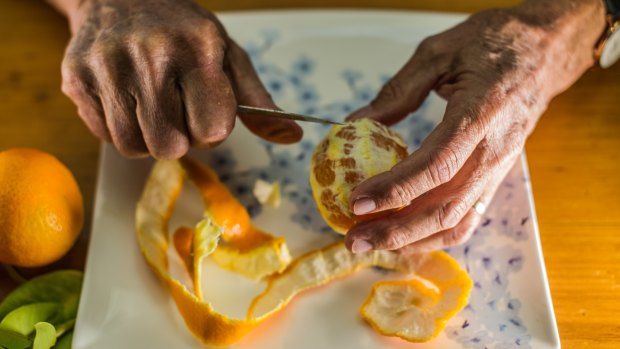 Terry Fewtrell peeling a Fewtrell’s early mandarin.
