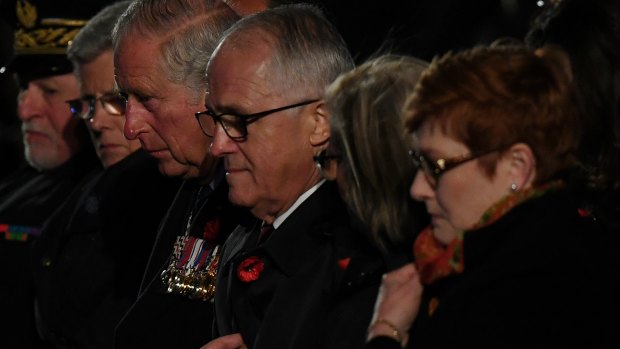 Prime Minister Malcolm Turnbull and Prince Charles attend the ANZAC Day dawn service at the Australian National Memorial at Villers-Bretonneux on Wednesday. 