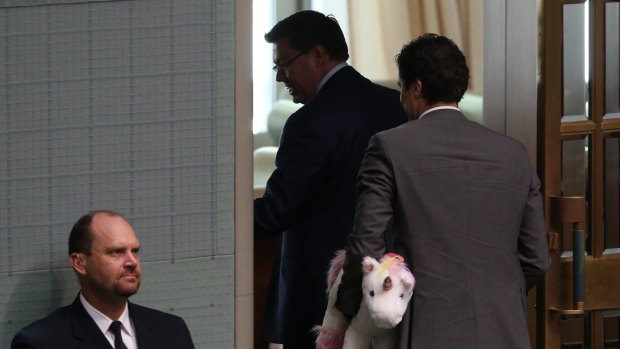 Labor MPs Pat Conroy and Tim Watts  after being ejected from the House of Representatives on Wednesday.