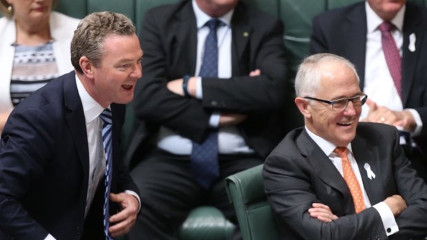 Leader of the House Christopher Pyne and Prime Minister Malcolm Turnbull during question time on Tuesday.