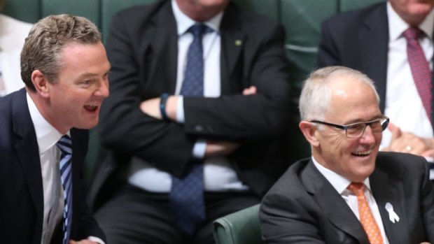 Leader of the House Christopher Pyne and Prime Minister Malcolm Turnbull during question time on Tuesday.