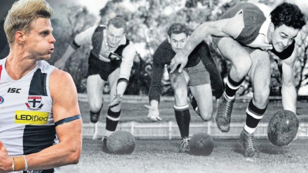 Junction Oval now and then: Current St Kilda captain Nick Riewoldt (left). Junction Oval, 1955: Harold Davies, Stewart Lennie, Ken Mulhall and Merv Dillon at St Kilda training.