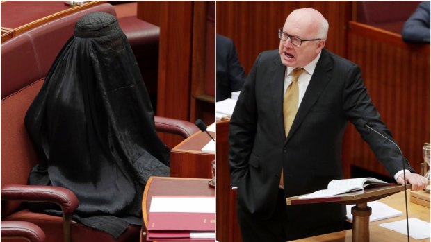 Senator Pauline Hanson wore a burqa into the Senate. Attorney-General George Senator Brandis repudiated her.