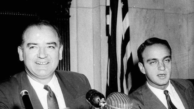 Committee counsel Roy Cohn, seated to the right of Senator Joe McCarthy in 1954, would later give advice to Trump about apologising.