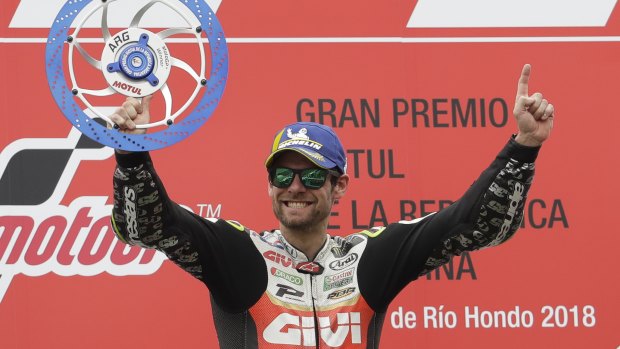 Cal Crutchlow celebrates after winning the MotoGP in Argentina.