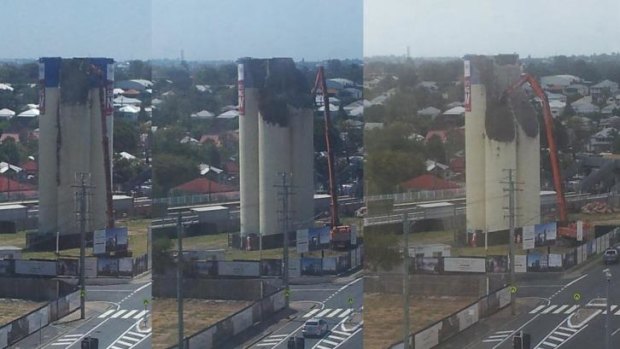 Time lapse of the demolition of the Albion flour mill silos.