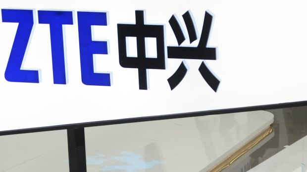 A sign for the ZTE booth is seen at the Mobile World Congress in Barcelona, Spain. 