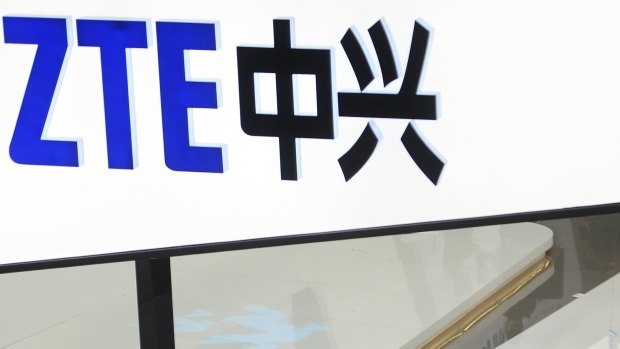 A sign for the ZTE booth is seen at the Mobile World Congress in Barcelona, Spain. 