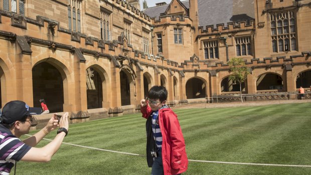 A man forming part of a Chinese tour group takes a photo of his son at the University of Sydney.