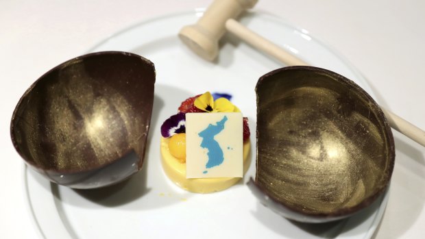 A mango mousse decorated by a blue flag symbolising a unified Korean Peninsula. The item is on the menu for a planned banquet after the April 27 summit between North Korean leader Kim Jong-un and South Korean President Moon Jae-in.
