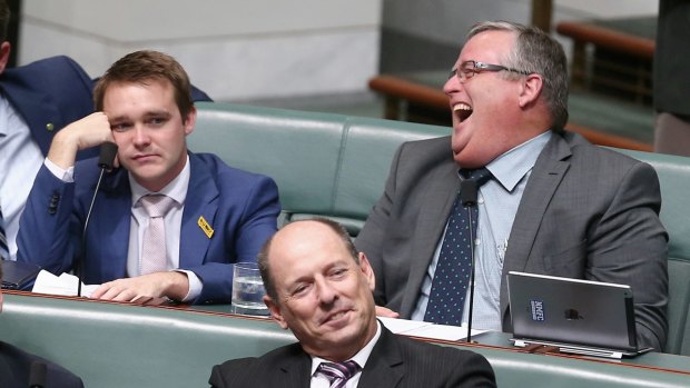 Coalition MPs Wyatt Roy and Ewen Jones during question time on Thursday.