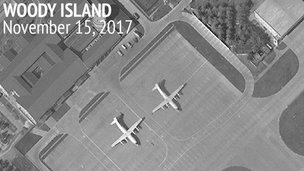 An image provided by the Centre for Strategic and International Studies showing a satellite image of Woody Island annotated by the source, showing two Chinese Y-8 military transport aircraft. 
