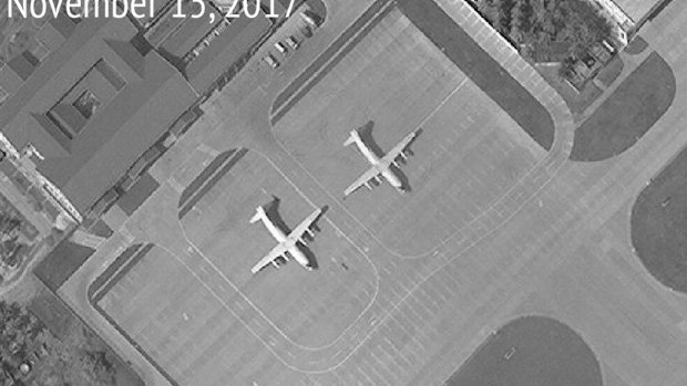 An image provided by the Centre for Strategic and International Studies showing a satellite image of Woody Island annotated by the source, showing two Chinese Y-8 military transport aircraft. 