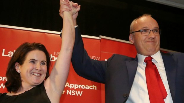 'The heartland has returned.' Luke Foley and wife Edel at Labor HQ on Saturday.