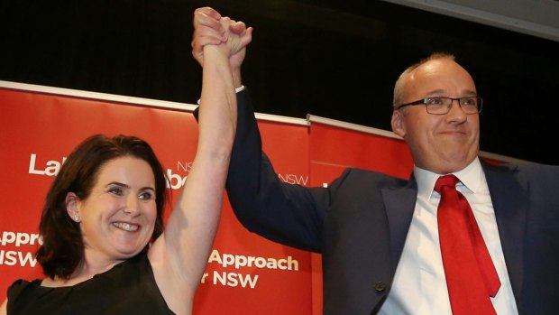 'The heartland has returned.' Luke Foley and wife Edel at Labor HQ on Saturday.