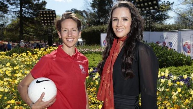 Former Matildas midfielder Sally Shipard and SBS television presenter Lucy Zelic at Floriade promoting the Asian Cup.