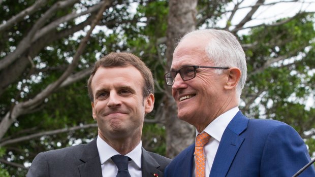 French President Emmanuel Macron and Prime Minister Malcolm Turnbull at Wednesday's press conference at Kirribilli House.