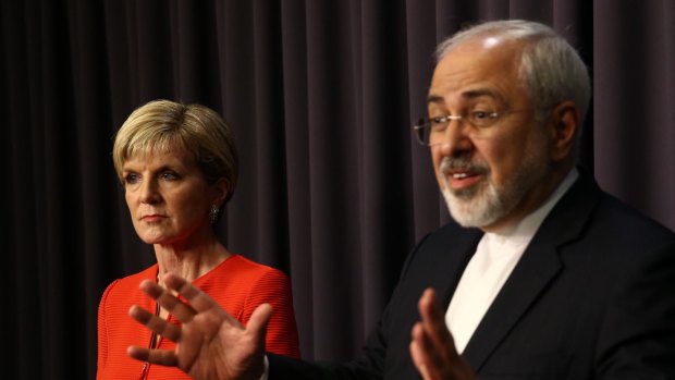 Foreign Affairs Minister Julie Bishop with Iranian Foreign Minister Javad Zarif at Parliament House on Tuesday.