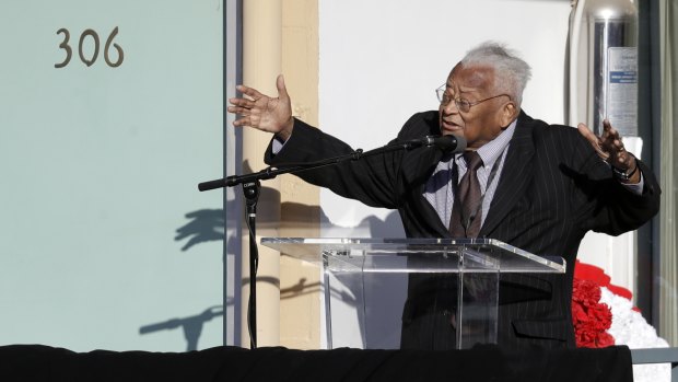 Reverend James Lawson speaks on the balcony outside Room 306 at the National Civil Rights Museum, formerly the Lorraine Motel, on the 50th anniversary of the assassination of MLK.