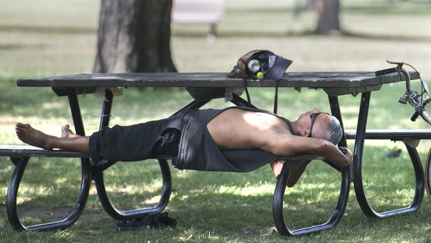 A man relaxes under a tree in a park in hot Montreal, Canada.