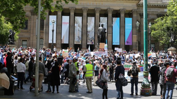 Protests outside Melbourne's State Library by Australia's Eritrean community on November 5, 2017, against the Eritrean government's moves to put religious schools under state control.  