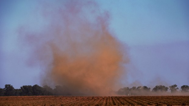 Wind whips up the dust over a dry farm in the Deniliquin region - a region that baked again on Wednesday.