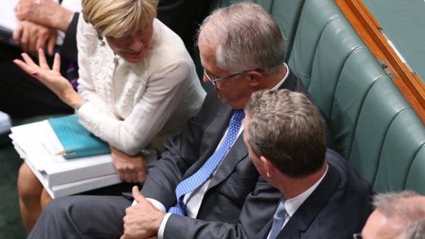 Foreign Affairs Minister Julie Bishop,  Prime Minister Malcolm Turnbull and Innovation Minister Christopher Pyne during question time on Tuesday.