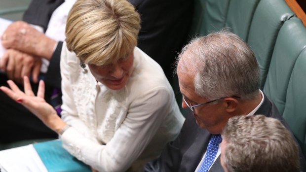 Foreign Affairs Minister Julie Bishop,  Prime Minister Malcolm Turnbull and Innovation Minister Christopher Pyne during question time on Tuesday.