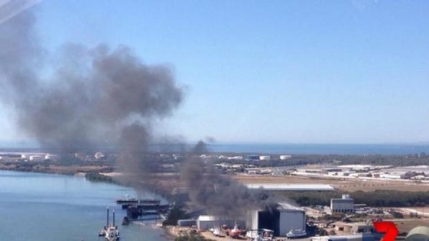 A boat goes up in flames at Hemmant, east of Brisbane.