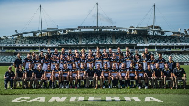 The Brumbies gathered for a team photo at Canberra Stadium on Friday.