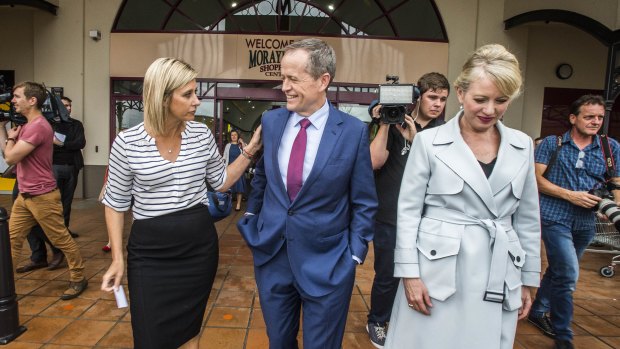 Bill Shorten in the electorate of Longman with Susan Lamb, left, and his wife Chloe Shorten.