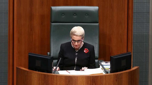 Speaker Bronwyn Bishop in the House of Representatives at the conclusion of question time. Photo: Alex Ellinghausen