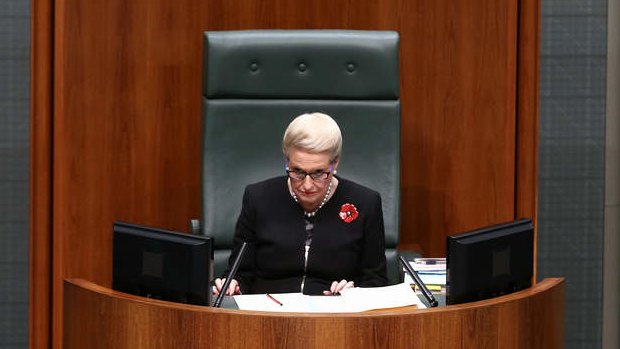 Speaker Bronwyn Bishop in the House of Representatives at the conclusion of question time. Photo: Alex Ellinghausen