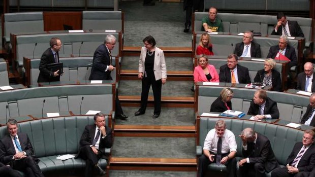 Greens MP Adam Bandt and Independent MPs Andrew Wilkie and Cathy McGowan move to vote with the Government during a division on the debt ceiling. Photo: Alex Ellinghausen