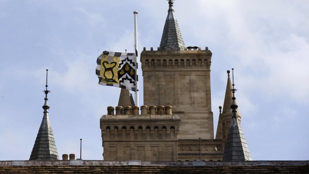 The flag flies at half mast at Gonville and Caius College, Cambridge, England, after the death of British scientist Stephen Hawking.