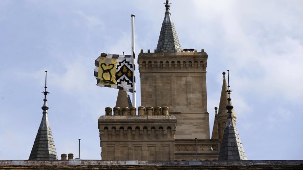 The flag flies at half mast at Gonville and Caius College, Cambridge, England, after the death of British scientist Stephen Hawking.