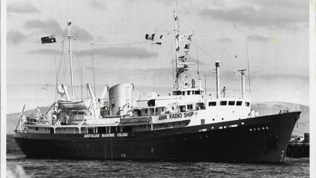 The Wyuna in an earlier guise as a training and radio ship. She is now stranded in Tasmania.