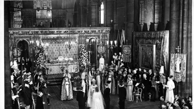 The scene in Westminster Abbey at the marriage of Queen Elizabeth II and the Duke of Edinburgh.