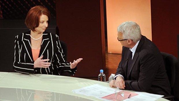 Julia Gillard with host Tony Jones on a previous <i>Q&A</i> appearance.