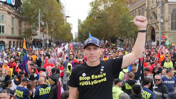Esso workers protesting in Melbourne, including Troy Carter