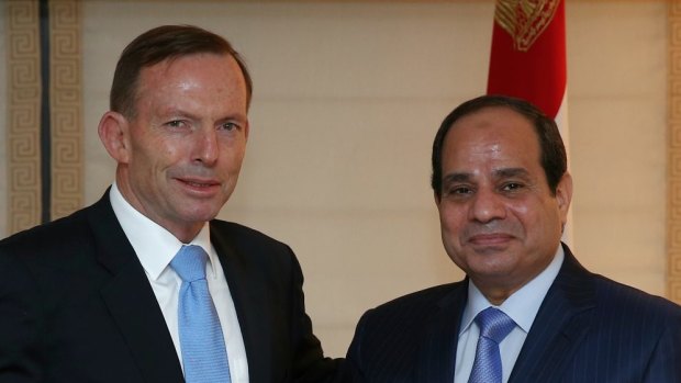 Then prime minister Tony Abbott meets Egyptian President Abdel-Fattah al-Sisi in New York in September 2014. 