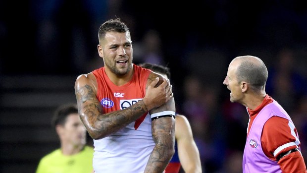 Alarming sight: Lance Franklin sends a scare through the Swans camp.