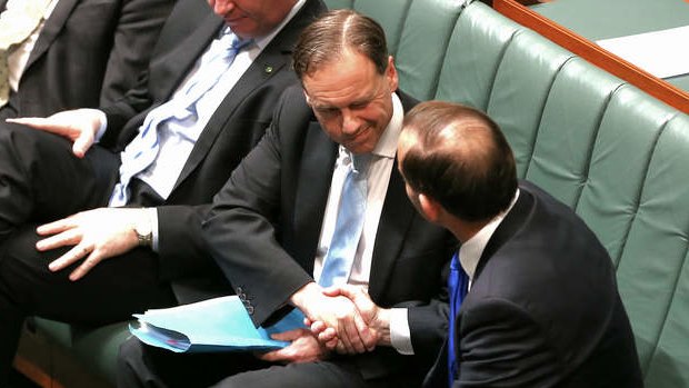 Environment Minister Greg Hunt is congratulated by Prime Minister Tony Abbott after the Carbon Tax Repeal Bill passes the House of Reps on Monday evening. Photo: Alex Ellinghausen