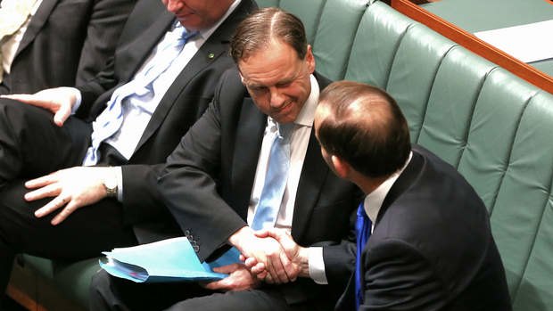 Environment Minister Greg Hunt is congratulated by Prime Minister Tony Abbott after the Carbon Tax Repeal Bill passes the House of Reps on Monday evening. Photo: Alex Ellinghausen