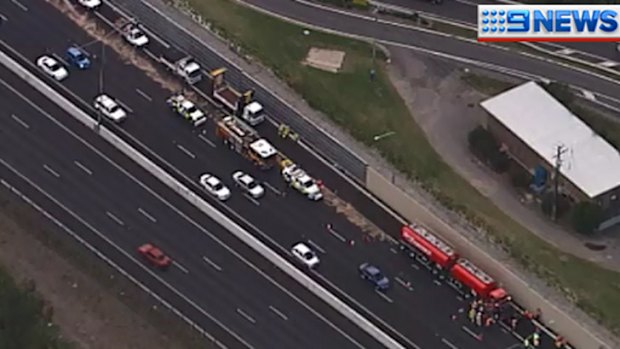 A fuel spill from a petrol tanker on the M1 at Loganholme.