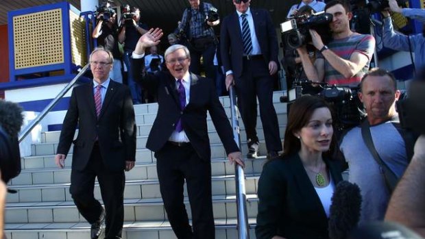 Prime Minister Kevin Rudd with Peter Beattie after announcing the former Queensland premier would stand for the federal seat of Forde in Beenleigh in South Brisbane.