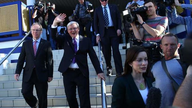 Prime Minister Kevin Rudd with Peter Beattie after announcing the former Queensland premier would stand for the federal seat of Forde in Beenleigh in South Brisbane.