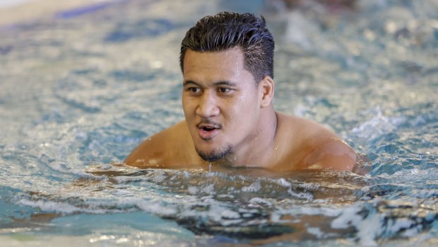 Sing when we're winning:  Wallabies rookie Brandon Paenga-Amosa at a recovery session on Sunday. 