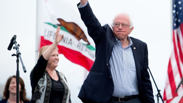 Democratic presidential candidate Senator Bernie Sanders and his wife Jane Sanders at a campaign rally on Monday in San Francisco. 
