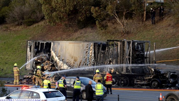 A truck carrying bread has been destroyed by fire this morning. The fire is under control and 2 lanes of the Monash Freeway are now open. PHOTO : PENNY STEPHENS. THE AGE. 10th June 2016